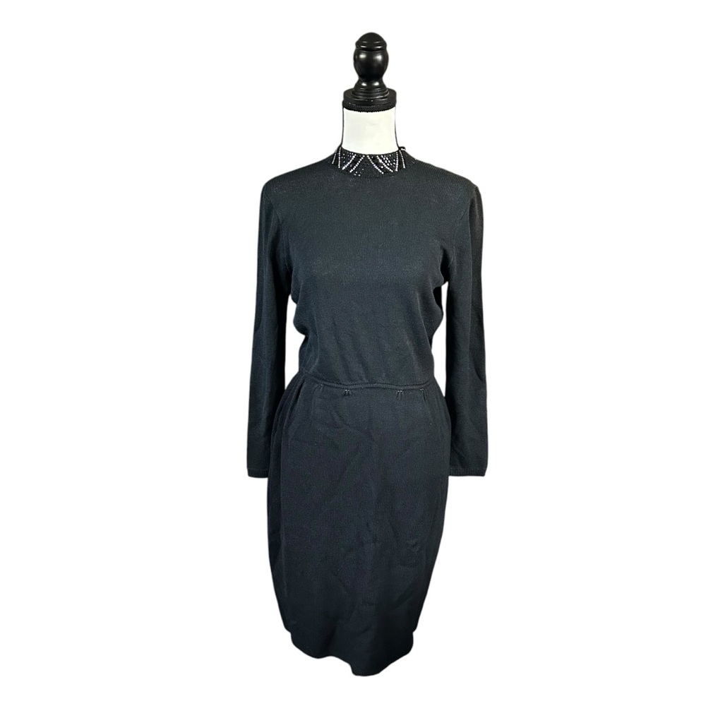 Vintage St. John Long Sleeve Santana Knit Dress Black Embellished Collar Size 6
